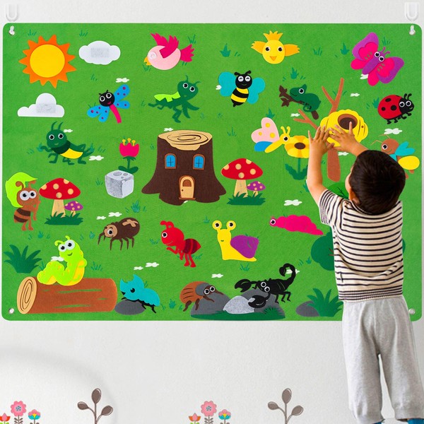 WATINC Insect Teaching Felt Board Story Set 3.5 Ft 45Pcs Preschool Bug Animals Caterpillar Bee Butterfly Dragonfly Storytelling Flannel Early Learning Play Kit Wall Hanging Gift for Toddlers