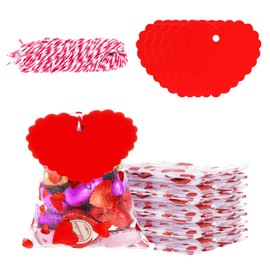 Phnydreg Valentine's Day Red Heart Organza Bags 100Pcs 4 x 6 Inch Valentine Organza Gift Bags with 100Pcs Heart Gift Tags Valentine Treat Candy Jewelry Drawstring Pouches for Valentine's Day Wedding Party Supply