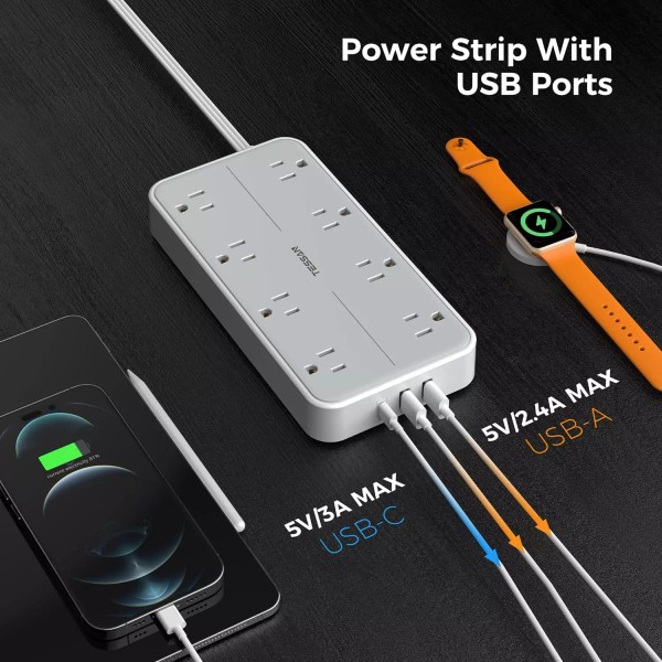 Power Strip Surge Protector, Flat Plug Extension Cord with 8