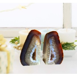 AMOYSTONE Geode Bookends Agate Shelve Decor Crystal Book Ends for Heavy Books Nature Brown with Rubber Bumper(1 Pair, 3-4 LBS)
