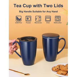 YumKubis Tea Cup with Infuser and Lid, 17 oz Large Tea Infuser Mug, Ceramic Tea Mug with 2 Lids, Tea Cups for Women, Men, Kids, Loose Tea, Gifts