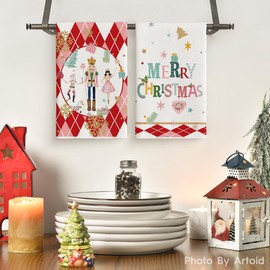 Artoid Mode Red Nutcrackers Tree Christmas Kitchen Towels Dish Towels, 18x26 Inch Snowflake Gift Box Winter Decoration Hand Towels Set of 4