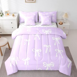 jejeloiu Ribbon Bow 7 Piece Bedding Set Purple White Stripe for Kids Girls Bed in a Bag Gentle Bow Full Size Comforter Set with Sheets Bedroom Decor Simple Cute Breathable Soft Bed Set