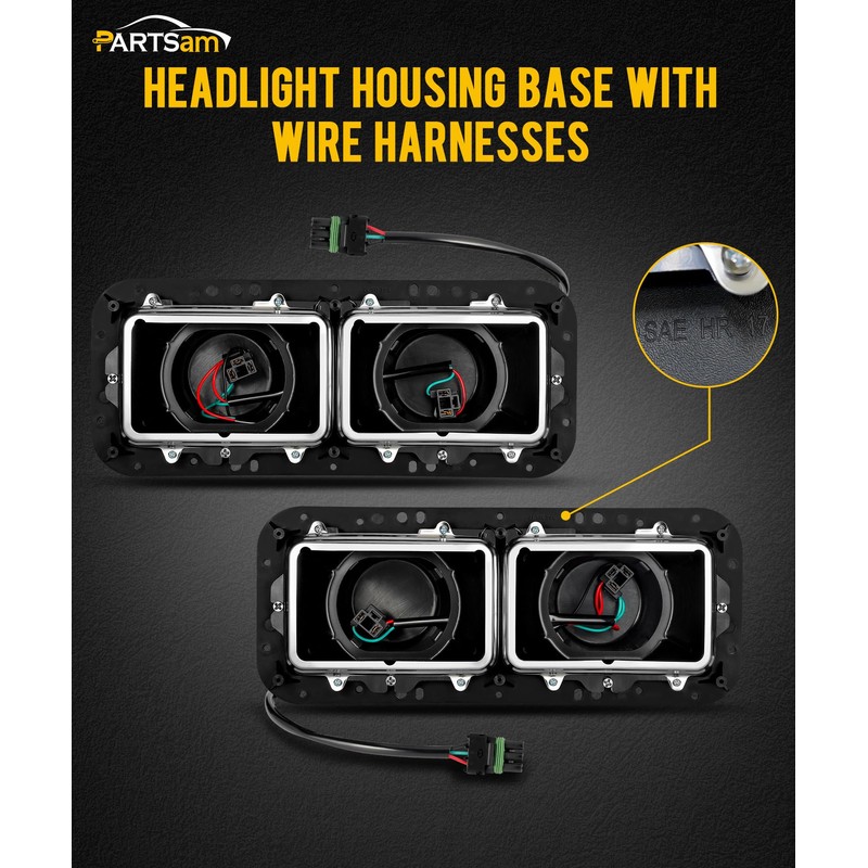 PARTSam Headlight Housing Base with H4 Plugs Wire Harnesses Stainless