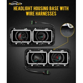 PARTSam Headlight Housing Base with H4 Plugs Wire Harnesses Stainless Steel Bezel Replacement for Kenworth T600 T800 W900, Peterbilt 379, Western Star 4900, Freightliner FLD Driver & Passenger Side