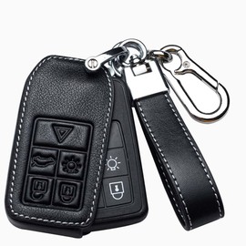 HIBEYO Smart Car Key Case Fits Volvo Protective Key Case Cover Leather Fits Volvo V40 V60 V70 V90 S80 XC60 XC70 T3 T4 T5 S60L S80L Remote Key Holder 5 Buttons Black