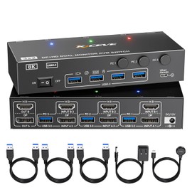 KCEVE KVM Switch 2 Monitors 3 Computers HDMI + DisplayPort, KCEVE USB 3.0 DP KVM Switcher, 8K@30Hz/4k@144Hz Dual Monitor DP KVM for 3 PC Share 2 Display and 4 USB 3.0 Devices