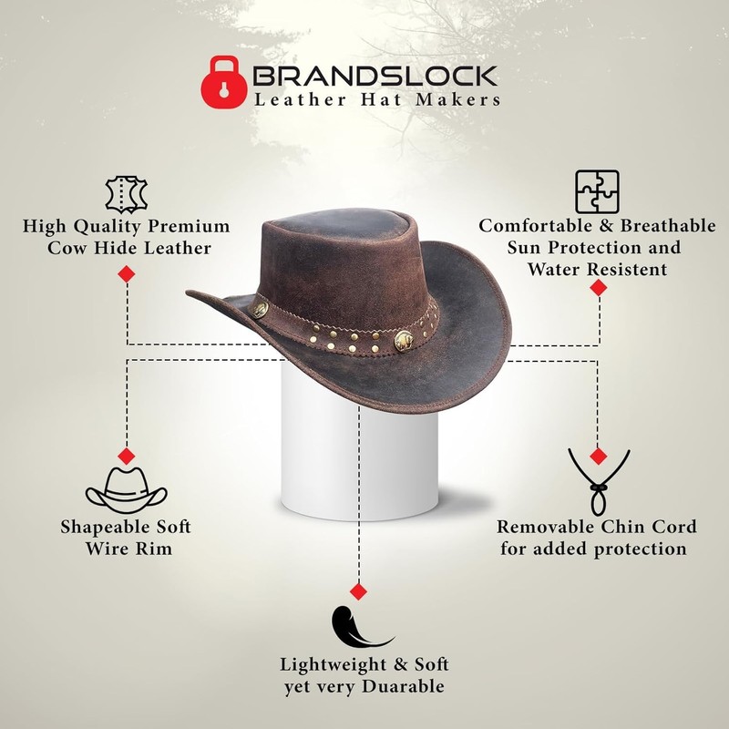 BRANDSLOCK Leather Cowboy Hat for Men Women Shapeable Wide Brim