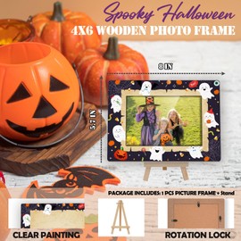 Kqfdr Happy Halloween Photo Frame, 4x6 Spooky Ghost Wooden Picture Frames for Home Office Desk Decor, Fun Halloween Gifts for Friend Boys and Girls -A04