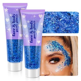 Body Glitter Gel, Holographic Face Glitter Gel Sequins for Hair, Lip, Eyeshadow, Nails, Chunky and Powder Mixed Glitter Gel, Iridescent Cosmetic Flakes Gel for Festival Makeup 120ml (Royal Blue)