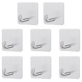 RouMio Pack of 8 Towel Hooks, No Drilling, Ideal for Office, Bathroom, Toilet, Kitchen (8 Pieces Silver Square)