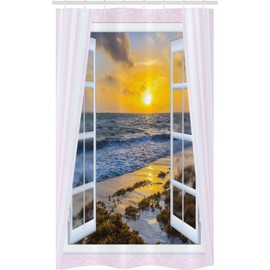 ABAKUHAUS Coastal Stall Shower Curtain, Open Window Sunrise Sea, Fabric Bathroom Decor Set with Hooks, 47" x 70", Multicolor