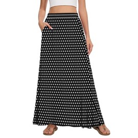 Leafsay Womens Maxi A-line Long Summer Skirt Elastic High Waist Flowy Skirt with Pockets(Polka Dot Black,M)