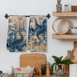 XNXLDYLH Vintage Nautical Coastal Octopus Decor Dish Hand Tea Towels for Bathroom Kitchen, Retro Octopus Ocean Nautical Beach Bathroom Decor, Coastal Kitchen Towels and Dishcloths Sets of 2, 16x24 in