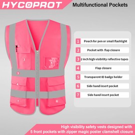 HYCOPROT High Visibility Safety Reflective Vest with Pockets and Zipper, Meets ANSI/ISEA Standards