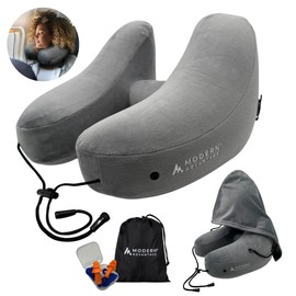 Modern Advantage Inflatable Travel Pillow for Airplanes with Comfort Hood, Adjustable Neck Support, Lightweight & Compact Flight Pillow for Sleeping on Long Flights & Travel (Grey)