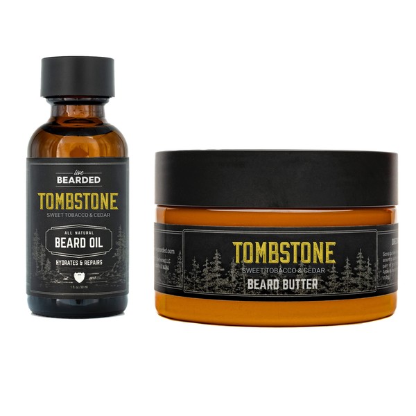 Live Bearded: Beard Oil and Beard Butter Grooming Kit - Tombstone - All-Natural Ingredients with Shea Butter, Argan Oil, Jojoba Oil and More - Beard Growth Support - Made in the USA