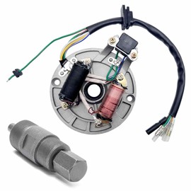 QISF 2 Coil Ignition Magneto Stator Plate for 50 70 90 110 125cc Taotao Kazuma SSR Baja ATV Quad Dirt Kick Bike 4 Wheeler with 24mm&27mm Magneto Flywheel GY6 Puller ATV Scooter Repair Tool