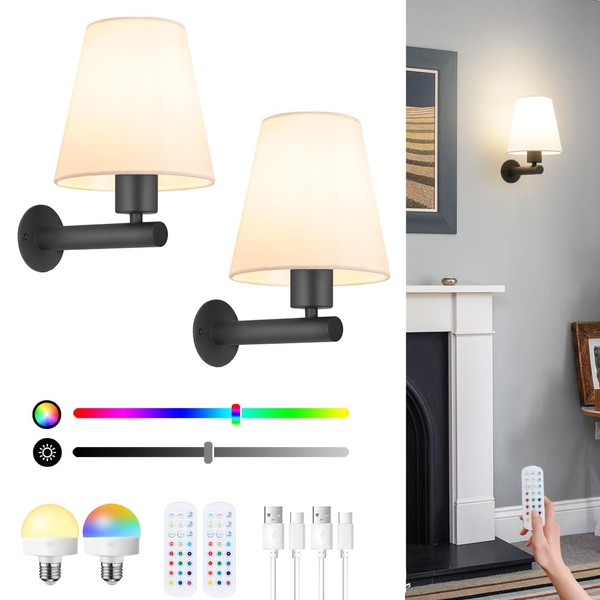 Battery Operated Wall Sconce Set of Two, Black Wireless Sconces