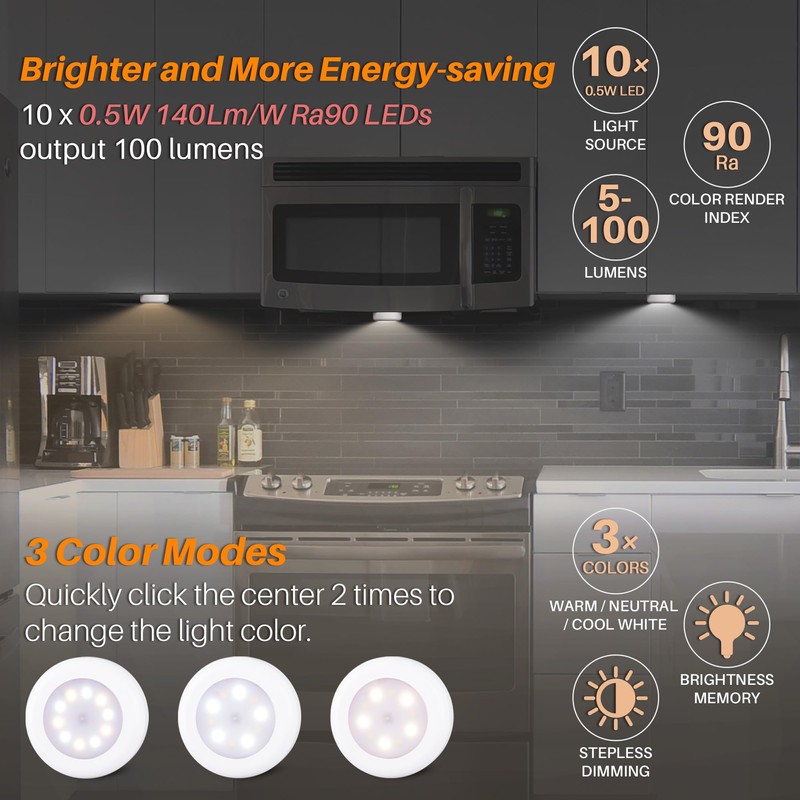 STAR-SPANGLED 4 Pack 3.1” Dimmable Push Tap Lights, Stick on