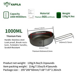 KAPILA Ultralight Titanium Fry pan Outdoor Camping Hiking Picnic Cooking Frying Pan 1000ML with foldable handle (1000ml)