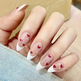 RUPOFUZA Almond Press on Nails White French Tip Long Fake Nails Almond False Nails with Rhinestones and Red Heart Deign Acrylic Nails Press on Artificial Nails Glossy Stick on Nails For Women-24Pcs
