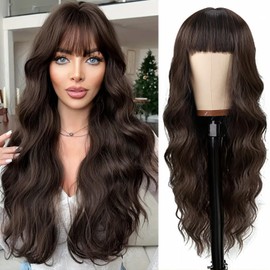 NOSTALGIA Brown Wig With Bangs Long Wavy Wig for Women Synthetic Curly Wavy Wig Natural Looking Hair Replacement wigs for Daily Party Use
