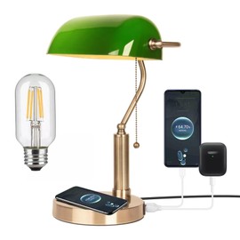 FIRVRE Glass Bankers Desk Lamp with Wireless Charger, 2 USB Charging Port, Vintage Desk Lamp with Pull Chain Switch, Retro Table Lamps for Home Office, Piano, Library (LED Bulb Included)