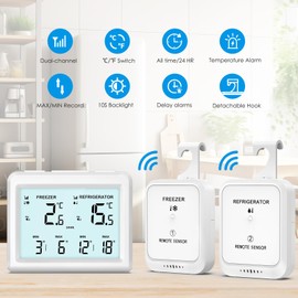 Brifit Digital Refrigerator Thermometer, 3.7 inch LCD Backlight Freezer Thermometer with 2 Sensor, Digital Fridge and Freezer Thermometer with Alarm, ℉/℃ Switch, MAX/MIN Record, for Home, Cellars