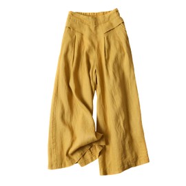 SCUSTY Linen Pants for Women Culottes Capris Wide Leg Palazzo Cropped Flowy Trousers(Yellow-XL)