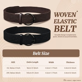 Ekulforg 2 Pack Woven Stretch Belts for Women Summer Braided Belt Wide Woven Belt Elastic Belts for Women Dress (Black&Brown, Fit Waist Size Below 36")