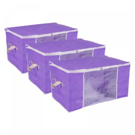 uxcell Clothes Storage Bag 3pcs, Foldable Storage Bins for Clothes, Comforters Storage Bags with Reinforced Handle, Sturdy Zipper, Closet Organizer with Clear Window-Purple