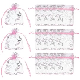 PATIKIL Organza Bags, 100 Pcs 2.8 x 3.5 Inch Mesh Candy Pouch with Drawstring Butterfly Jewelry Gift Bags for Wedding Christmas Festival Makeup Supply, Pink Silver