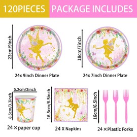 120Pcs Fairy Birthday Party Supplies Plates Napkins Cups Forks Party Tableware Birthday Baby Shower Party Decorations Severs 24 Guests