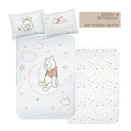 MTOnlinehandel Winnie the Pooh Flannel Bed Linen, 1 Pillowcase 40 x 60 cm + 1 Duvet Cover 100 x 135 cm, Winnie the Pooh, Moon and Stars