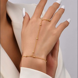 TseenYi Slave Finger Ring Bracelet Boho Finger Ring Bracelet Gold Pearl Necklace Slave Finger Ring Hand Harness Jewellery for Women and Girls (Pack of 1)