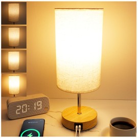 Bedside Table Lamp for Bedroom - 4 Way Dimmable Touch Lamp with USB and Type-C Charge Port, Small Wood Base Round Flaxen Fabric Shade Lamp Living Room,Bedroom Use(Yellow Color Base)