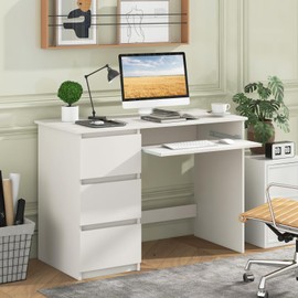 Tangkula White Desk with 3 Storage Drawers & Built-in Charging Station, Home Office Desk with Keyboard Tray, PC Desk Study Writing Desk, Vanity Table for Bedroom, Computer Workstation (White)