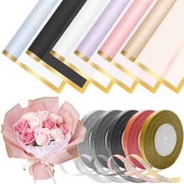 30 Sheets Flower Bouquet Wrapping Paper, COITEK Waterproof Gold Edge Flower Gift Wrapping Supplies Paper 6 Colors with 5 Rolls Ribbons for DIY Crafts, Gift Packaging