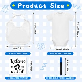 Chuarry 42 Pcs DIY Baby Bibs Decorating Kit 8 Bodysuits 8 Solid White Feeder Bibs 10 Fabric Markers 16 Stencils, 2 Ply Feeder Bibs Baby Shower Game Gifts for Boys Girls Gender Reveal Party