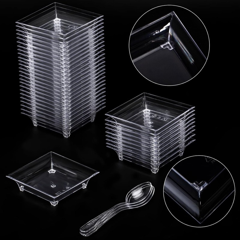 KAHEIGN 100Pcs Plastic Appetizer Plates with Spoons, 6CM Square Dessert