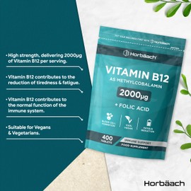 Horb?ach Vitamin B12 Tablets High Strength 2000mcg with Folic Acid | 400 Count | Vitamin B12 as Methylcobalamin | Vegan Supplement | by Horbaach