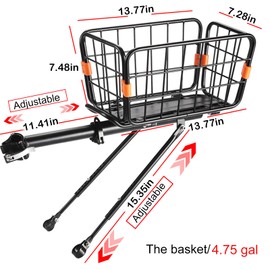 Rear Bike Rack with Basket for Bicycles, 165 lbs Load & 4 gal Capacity,Adjustable Universal Aluminum Alloy Adult Mountain Bike Rear Back Rack with Bungee Cord & Waterproof Cover & Installation Tool
