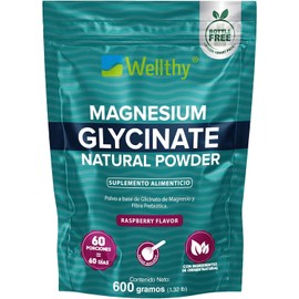 Wellthy Glicinato de Magnesio 600g Sabor Raspberry. 60 Porciones, Equivalente a 500mg de Magnesio por Porción, Reforzado con Fibra Prebiótica Orafti,