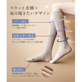 Miage Compression Socks for Beautiful Legs, 100% Cotton, 9.1 - 10.2 inches (23 - 26 cm), Women's, Set of 2, Black, Dark Brown, Beige, beige