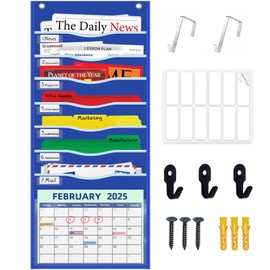 ALSLEA 15" Extra Wide Hanging File Organizer with 8 Pockets - Heavy Duty Classroom Pocket Chart, Wall Mounted Document Organizer with Writable Clear Pocket, 5 Wall/ Door Hooks & 12 Labels (Blue)