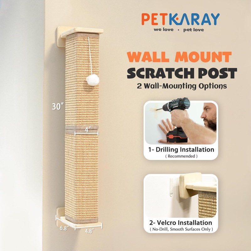 PETKARAY Wall Mounted Cat Scratcher, 30" Large Sisal Cat Scratcher