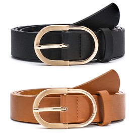 JASGOOD 2 Pack Women's Leather Belts for Jeans Pants Fashion Gold Buckle Ladies Dress Belt Black Brown M