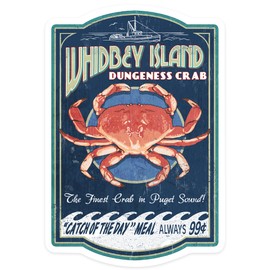Die Cut Sticker Whidbey Island, Washington, Dungeness Crab, Vintage Sign, Contour Vinyl Sticker 1 to 3 inches (Waterproof Decal for Cars, Water Bottles, Laptops, Coolers), Small