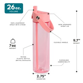 Elemental Leak Proof Water Bottles for Kids - Splash Kids Water Bottle for School - BPA Free Tritan Plastic Reusable Water Bottle with Straw - Rose - 26oz